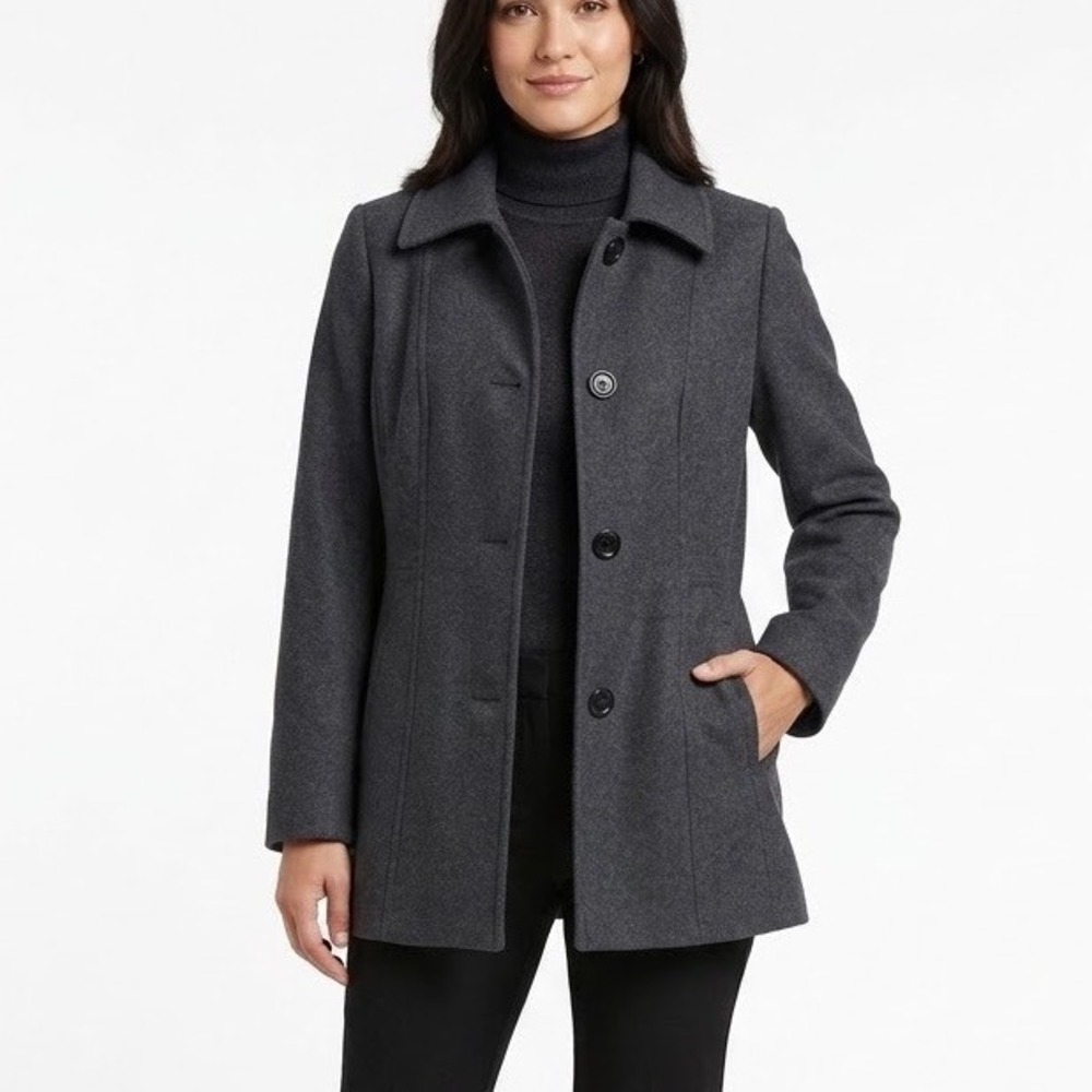 London Fog Collection Womens Charcoal Grey Wool Blend 3-Button Car Coat Small